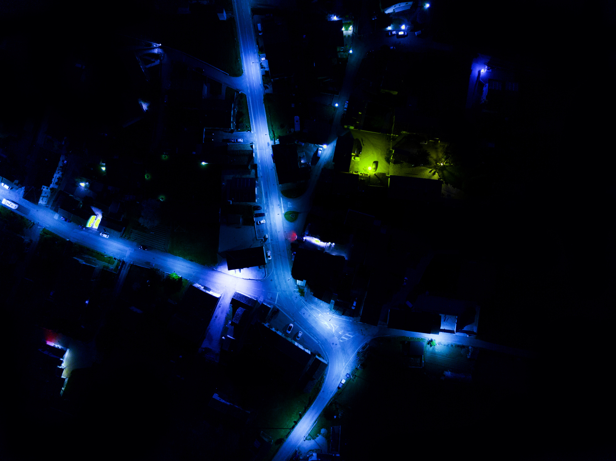 Aerial view of road at night